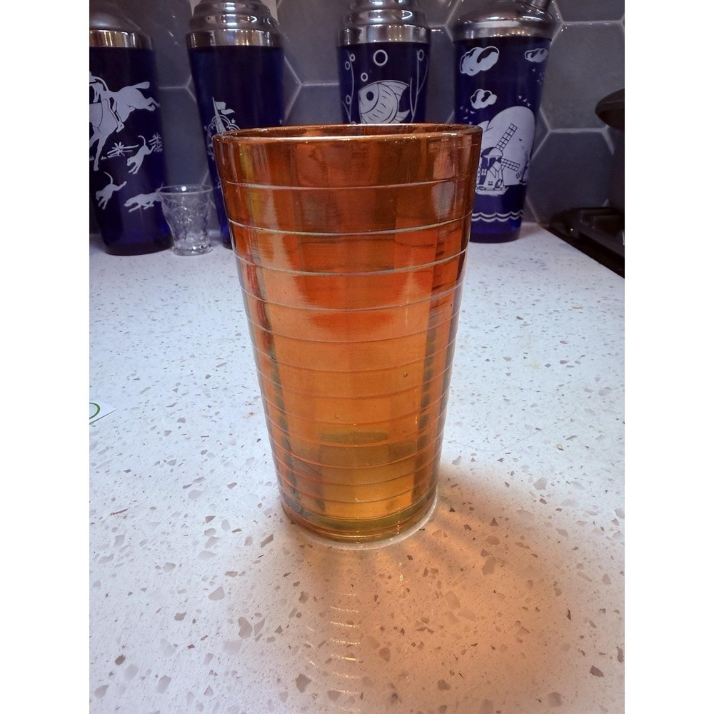 Jeannette Marigold Block Optic Ribbed Paneled Tumbler Mid Century Carnival Glass